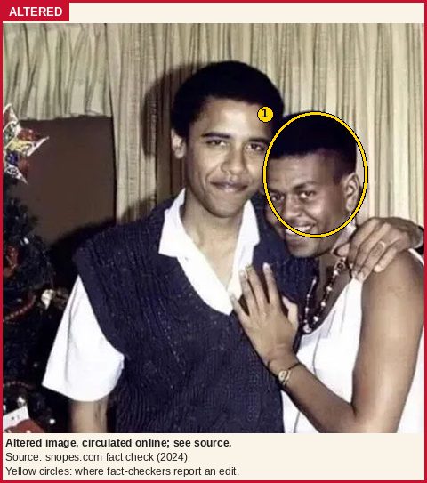 Altered image: the edited Christmas-tree photo of two people. A yellow circle marks the face that Snopes says was doctored to give her male features.