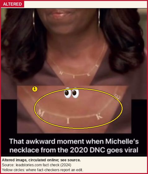 Altered image: a convention-speech screenshot with the necklace letters edited to read MIKE. A yellow circle marks the necklace, where the fact-checkers report the edit.
