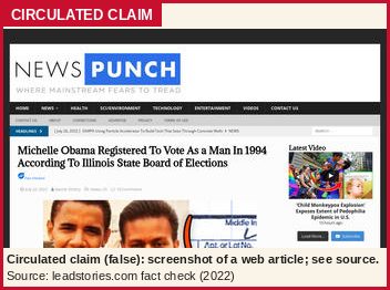 Circulated claim (false): a reduced screenshot of a web article that claims she was registered to vote as a man from 1994 to 2008. It is a screenshot of the article, not of any record.