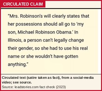 Circulated claim (satire taken as fact): a crop of a social-media video’s text, which says a will left everything to a ‘son, Michael Robinson Obama.’ It is satire, not a document.